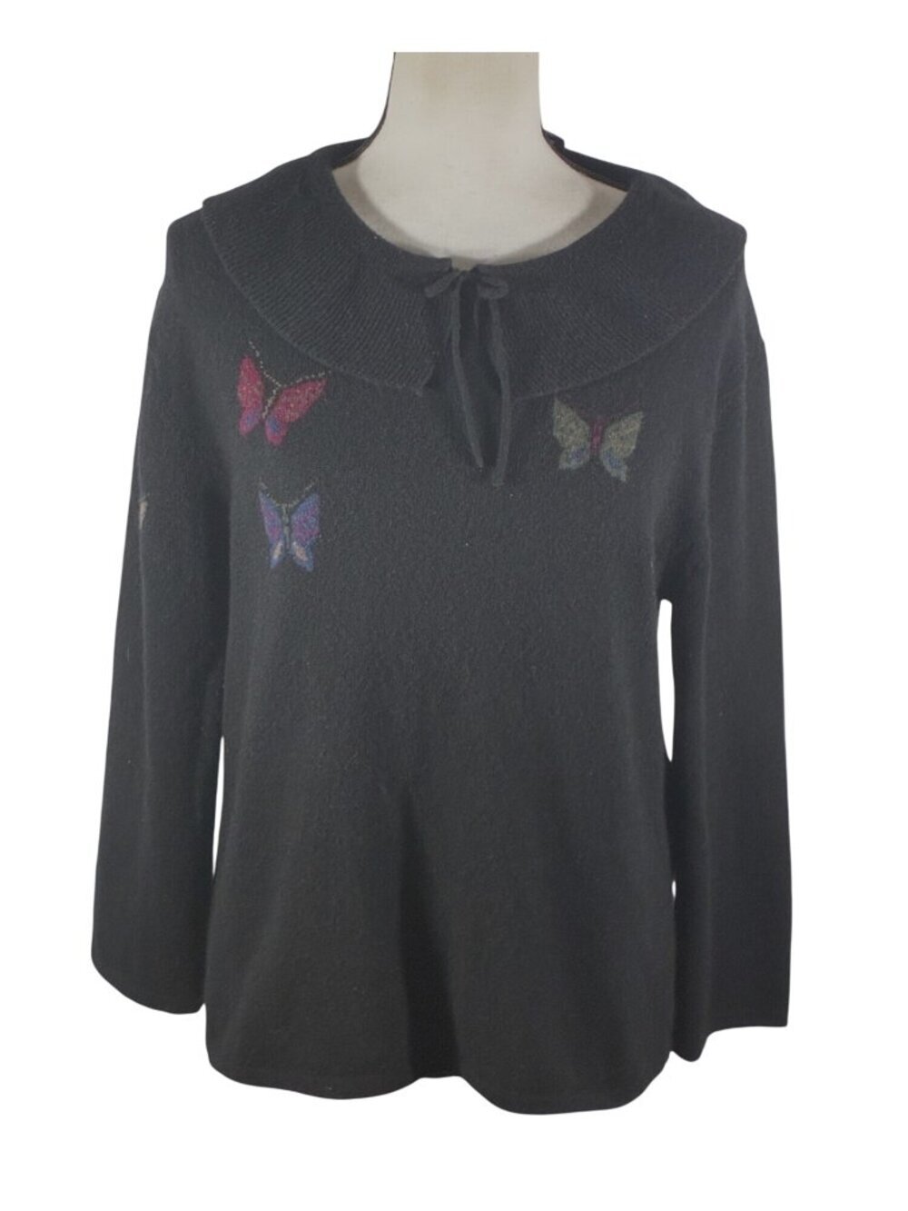 Amore Black Cashmere Sweater intarsia Butterfly Tie Neck Detail Size L